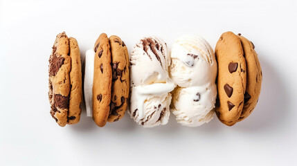 Ice cream sandwiches with chocolate chip cookies and vanilla ice cream. - obrazy, fototapety, plakaty