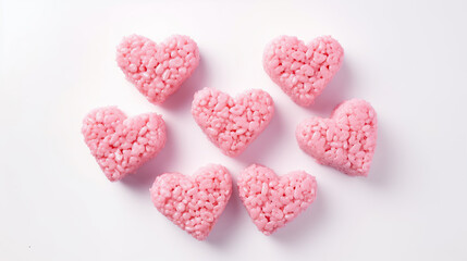 Pink heart shaped rice krispie treats served with milk, isolated on white background.