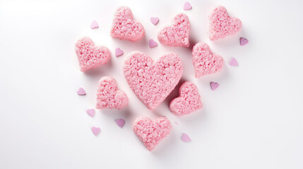 Obraz premium Pink heart shaped rice krispie treats served with milk, isolated on white background.