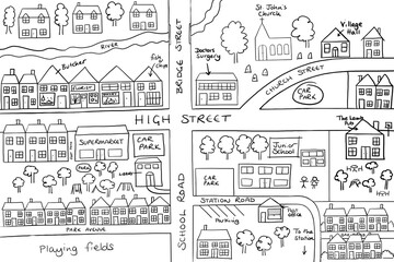 Hand drawn map of a generic village or town. An illustration of an imaginary place. Quick sketch to help someone with directions. Cartoon style map. Stock image of a town or village street plan.