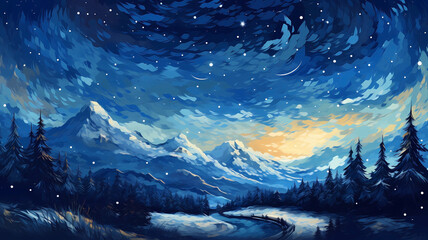 Hand-drawn cartoon beautiful illustration background of snowy mountains in the outdoor night under the starry sky in winter
 - obrazy, fototapety, plakaty