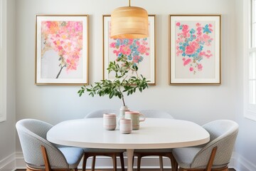 dining room , colorful walls, 2 -3 framed prints above bed, light neutrals with pops of bright pink, blue
