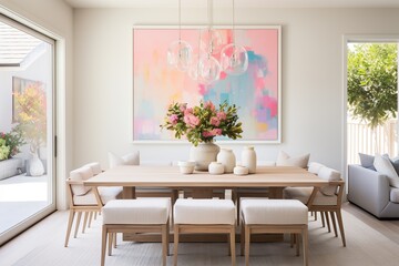 dining room, blank walls,neutral colors with pops of bright pink and blue, large artwork behind the table