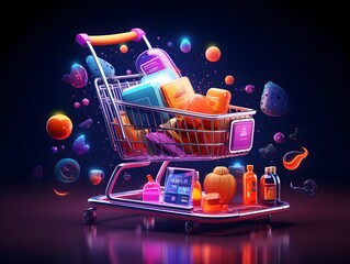 3d illustration of a shopping cart full of cosmetic products on a dark background