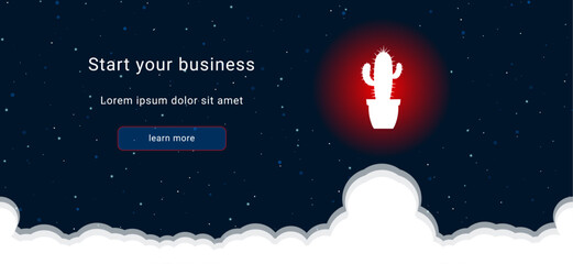 Business startup concept Landing page screen. The cactus symbol on the right is highlighted in bright red. Vector illustration on dark blue background with stars and curly clouds from below - obrazy, fototapety, plakaty