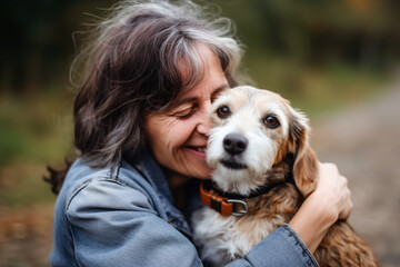 Affectionate mature woman hugging her joyful terrier, reflecting a strong bond and companionship outdoors.