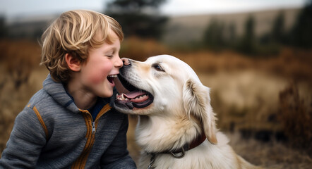 Joyful boy laughing with a golden retriever outdoors, showcasing friendship and happiness