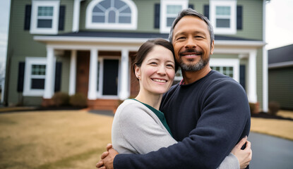 Happy couple embracing in front of their new suburban home, smiling, with a sense of achievement and contentment.
