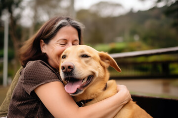 Affectionate mature woman hugging her joyful labrador, reflecting a strong bond and companionship outdoors.