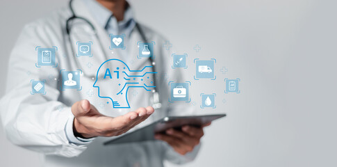 Doctor use tablet and showing hologram of  medical technology by AI artificial intelligence....