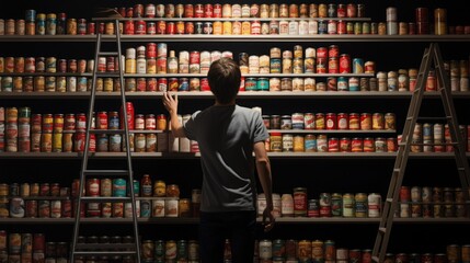 Panic buying amid crisis. A man looks for essentials in a pantry stocked with food. - obrazy, fototapety, plakaty