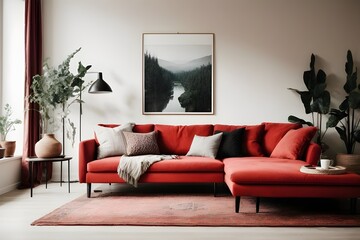 red  sofa and black coffee table against white wall with art poster. Scandinavian boho home interior design of modern living room generative AI