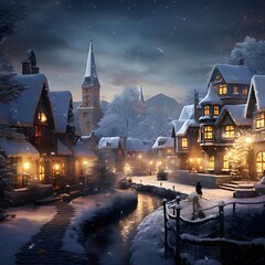 Digital painting of a winter night in a village in Bavaria, Germany