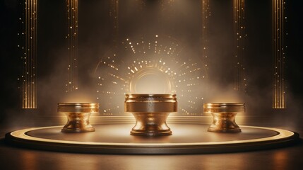 Golden scene Gold podium for product presentation. Abstract empty golden award platform glowing round frame and rays, glitter confetti sparkle rain falling from above background