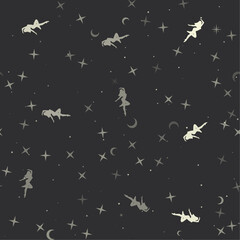 Seamless pattern with stars, ballerina symbols on black background. Night sky. Vector illustration on black background