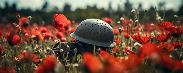 A military helmet in a field of red poppies. Remembrance day background, armistice day