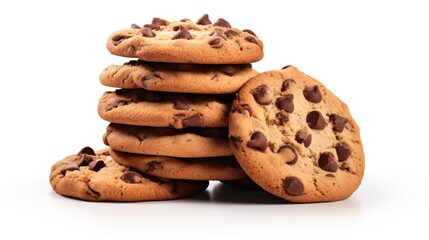 Pile of chocolate chip cookies isolated on white background