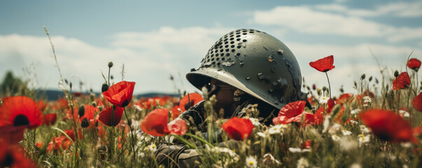 A military helmet in a field of red poppies. Remembrance day background, armistice day
