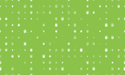 Seamless background pattern of evenly spaced white sports weight symbols of different sizes and opacity. Vector illustration on light green background with stars