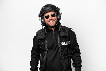 Middle age SWAT man isolated on white background with glasses and happy