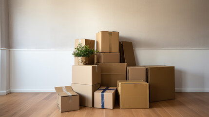 A room in a house with sunlight streaming through the window, illuminating a stack of cardboard boxes, suggesting a process of moving or relocation