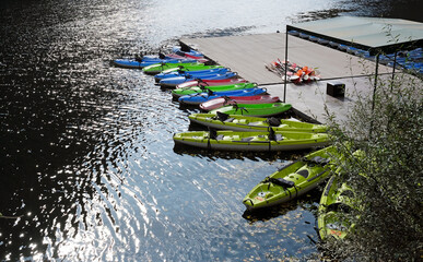 Colorful canoes waiting for customers at a lake - obrazy, fototapety, plakaty
