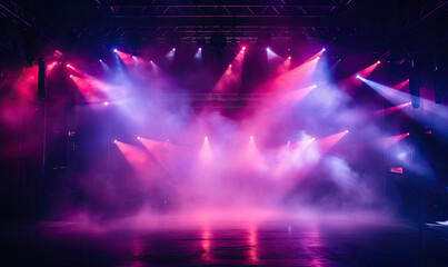 Fototapeta na wymiar Dramatic concert stage with spotlights and laser lighting show and atmospheric smoke