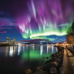 Aurora borealis in the night sky over the city of Reykjavik, Iceland