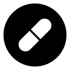 A medical capsule symbol in the center. Isolated white symbol in black circle. Vector illustration on white background