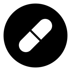 A medical capsule symbol in the center. Isolated white symbol in black circle. Illustration on transparent background