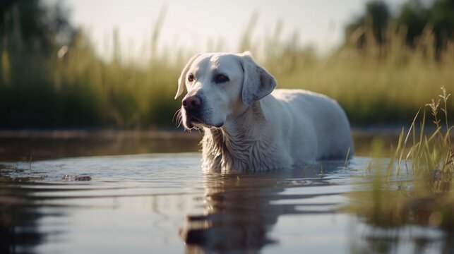 A cute little milky white Labrador dog looks down.Generative AI