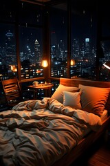 Double bed with pillows in a hotel room with a view of the city