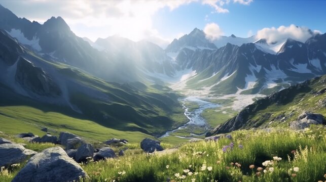 Breathtaking panorama of morning wild nature high in.Generative AI