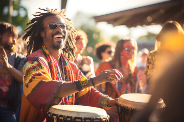 African hippy man playing percussion in a party - obrazy, fototapety, plakaty