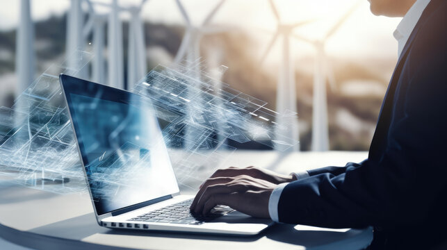 A focused businessman analyzes renewable energy designs on his laptop with holographic blueprints, in an office overlooking wind turbines.