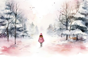 little girl walk in winter forest watercolor design