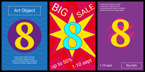Trendy retro posters for organizing sales and other events. Large number eight symbol in the center of each poster. Vector illustration on black background