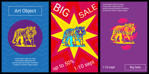 Trendy retro posters for organizing sales and other events. Large tiger symbol in the center of each poster. Vector illustration on black background