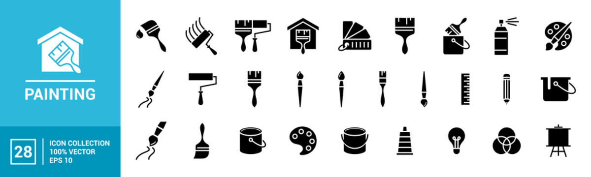 Collection of painting related icons, various painting tools, paint icons ,vector icon template editable and resizable EPS 10