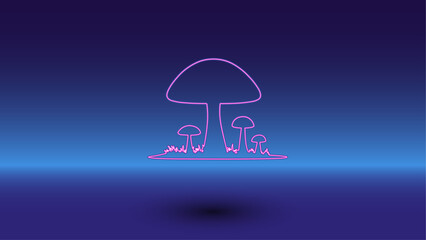 Neon mushrooms symbol on a gradient blue background. The isolated symbol is located in the bottom center. Gradient blue with light blue skyline