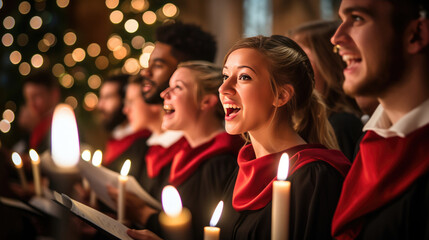 A group of joyful people singing Christmas songs , dressed in festive attire with Santa hats and red scarves, surrounded by the glow of warm lights.
