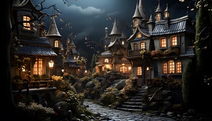 Halloween night scene with haunted house and moonlight. 3D rendering
