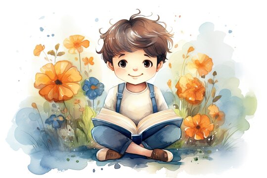 boy read a book watercolor design
