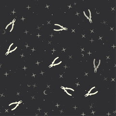 Seamless pattern with stars, pliers symbols on black background. Night sky. Vector illustration on black background