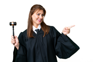 Judge caucasian woman over isolated background pointing finger to the side and presenting a product