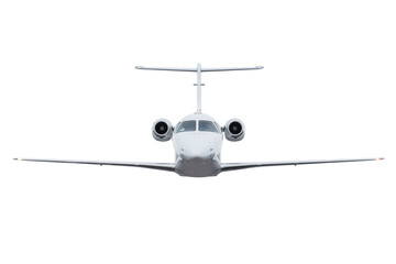 Front view of the white corporate business jet flying isolated
