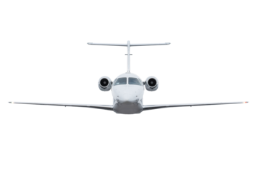 Front view of the white corporate business jet flying isolated