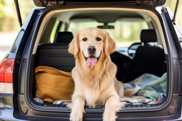 Dog sits in car trunk waiting for owner to return with ears perked up listening for sign. Domestic pet sitting in open car trunk waits return to home guarding owner things