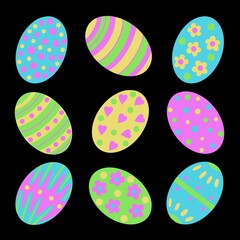 Colourful Easter egg illustration. The eggs are decorated in floral, striped and polka dot decorations. A pretty Easter display, in fresh Spring colours.