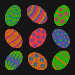 Colourful Easter egg illustration. The eggs are decorated in floral, striped and polka dot decorations. A pretty Easter display, in fresh Spring colours.